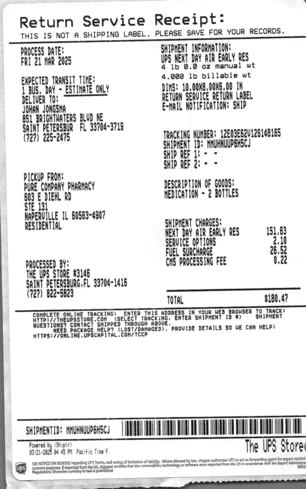 UPS Return Service Receipt