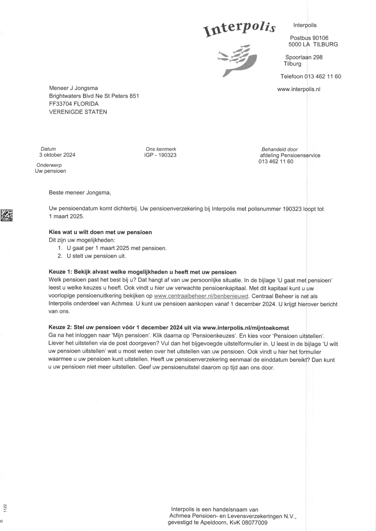 Interpolis Pension Maturity Notice March 2025