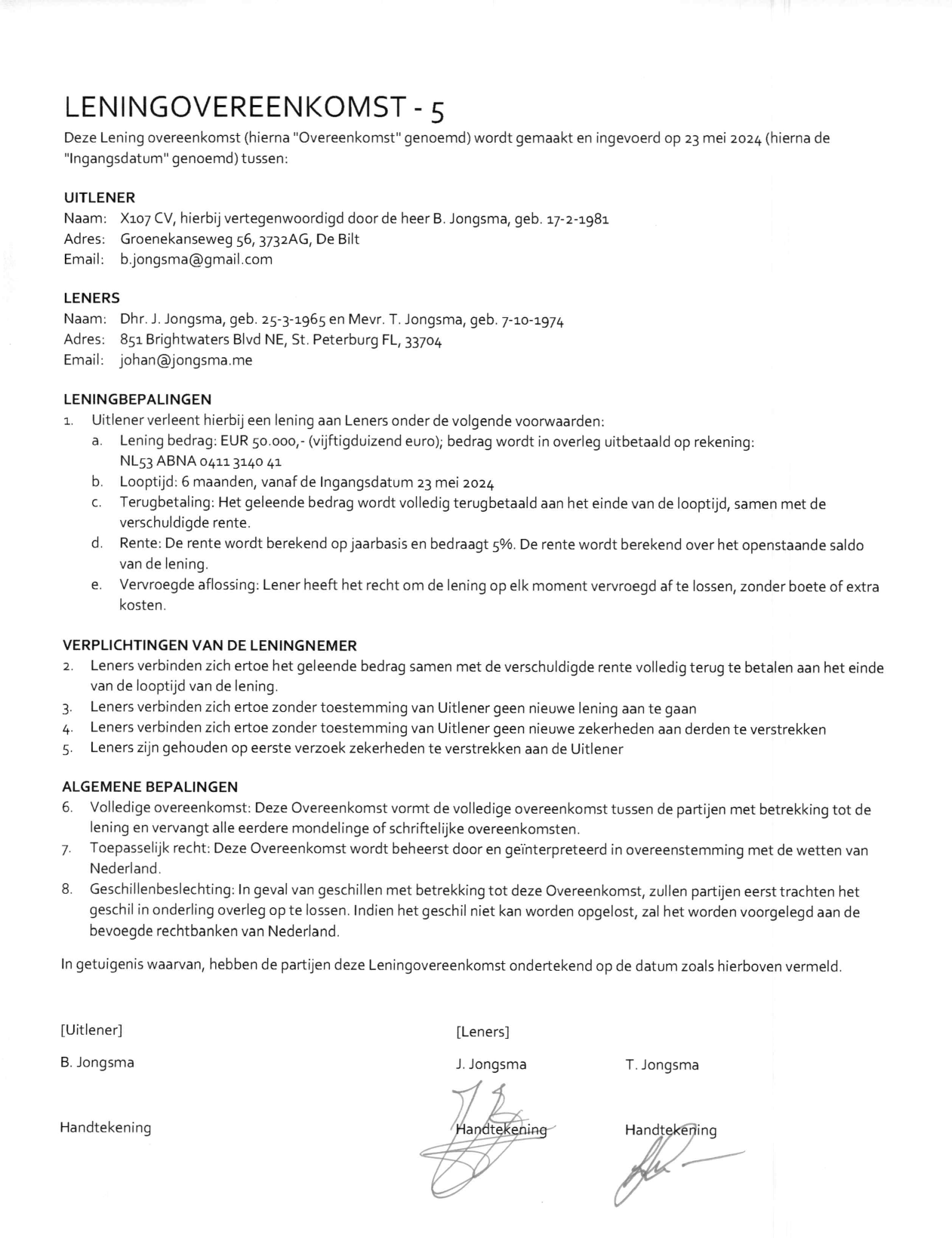 Loan Agreement X107 CV to Jongsma Family